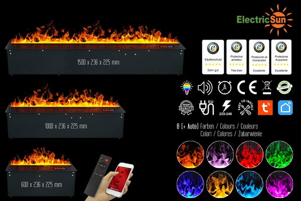 Kamin na vodno paro, ElectricSun MISTique Medij, 100 cm, 8-barvnim plamenom, z zvokom, WiFi aplikacijo