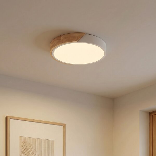 PRIOS LED stropna svetilka Lynorri, premer 32 cm, bela, leseni vzorec, Bela, Dnevna soba / jedilnica, Plastika, Sodobni