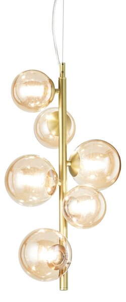 IDEAL LUX viseča svetilka Perlage, medenina/jantar, višina 52 cm, 6-žarilna, Zlata / medeninasta, Dnevna soba / jedilnica, Kovina
