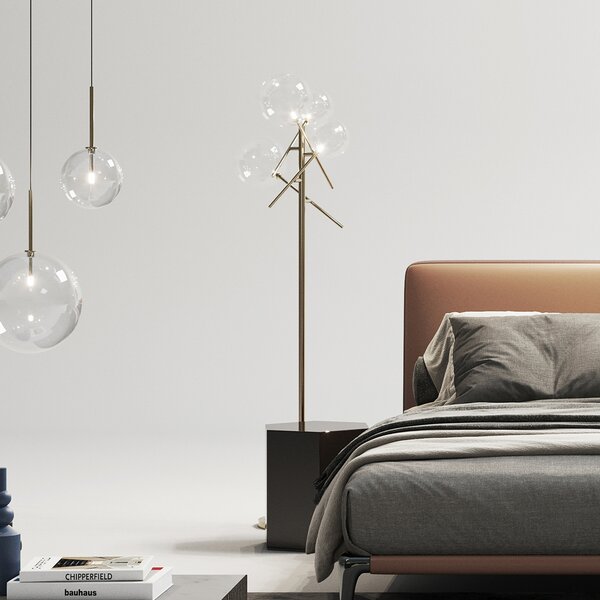IDEAL LUX Stoječa svetilka Equinoxe, medenina/prozorno steklo, višina 166 cm, Zlata / medeninasta, Dnevna soba / jedilnica, Kovina
