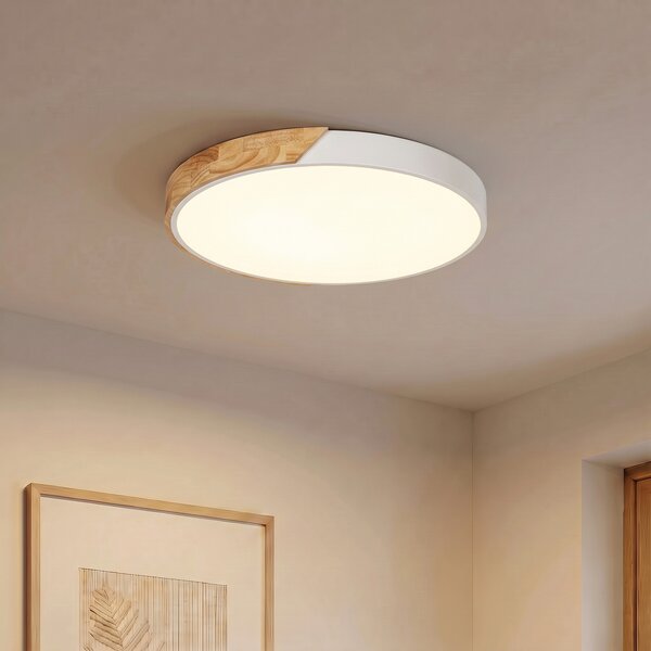 PRIOS LED stropna svetilka Lynorri, premer 52 cm, bela, v imitaciji lesa, Bela, Dnevna soba / jedilnica, Plastika, Sodobni