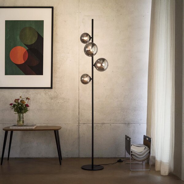 IDEAL LUX Stoječa svetilka Perlage, črna/dimno siva, višina 164 cm, 4-žarilna, Črna, Dnevna soba / jedilnica, Kovina