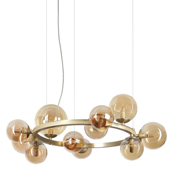 IDEAL LUX viseča svetilka Perlage, medenina/jantar, 11-žarilna, premer 73 cm, Zlata / medeninasta, Dnevna soba / jedilnica, Kovina