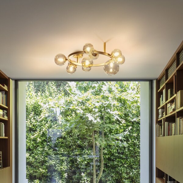 IDEAL LUX stropna svetilka Perlage, medenina/jantar, dolžina 70 cm, 10-žarilna, Zlata / medeninasta, Dnevna soba / jedilnica, Kovina