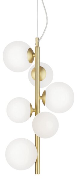 IDEAL LUX viseča svetilka Perlage, medenina/bela, višina 52 cm, 6-žarnica, Zlata / medeninasta, Dnevna soba / jedilnica, Kovina