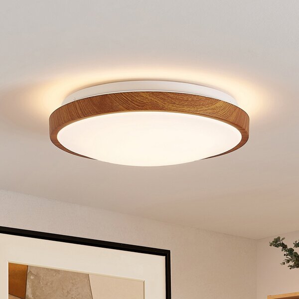 Lindby LED stropna svetilka Mynte, Ø30cm, videz lesa, plastika, Les, Dnevna soba / jedilnica, Plastika, Sodobni