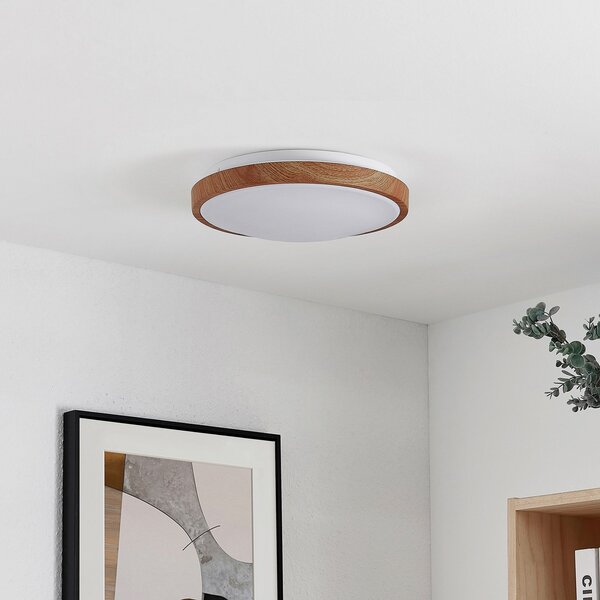 Lindby LED stropna svetilka Mynte, Ø30cm, videz lesa, plastika, Les, Dnevna soba / jedilnica, Plastika, Sodobni