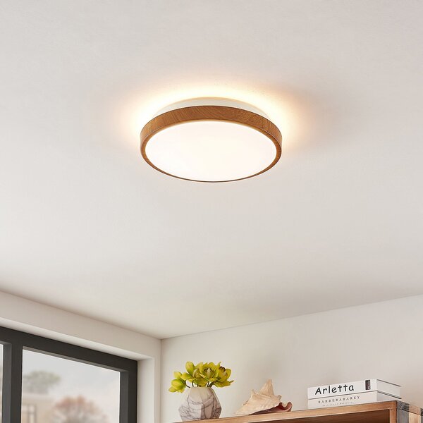 Lindby LED stropna svetilka Mendosa, okrogla, iz svetlega lesa, Ø 29cm, Les, Dnevna soba / jedilnica, Plastika, Sodobni