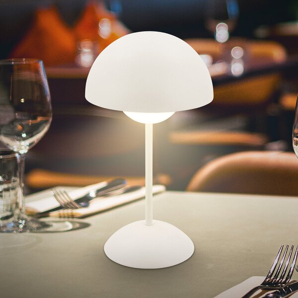 Briloner LED-akumulatorska namizna svetilka Kugle, bela, kovina, IP44, z možnostjo, zatemnjen, Bela, Dnevna soba / jedilnica, Kovina, Sodobni