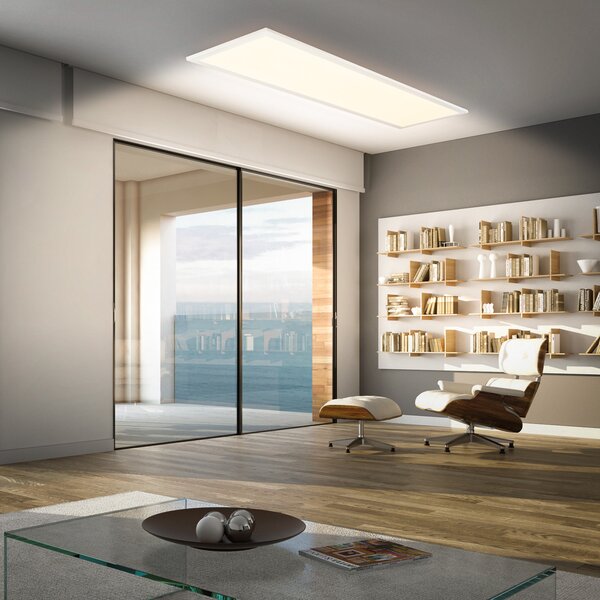 Briloner LED-panel Piatto CCT, IP44, 100 x 25 cm, daljinski upravljalnik, bela barva, zatemnjen, Bela, Študija / pisarna, Kovina