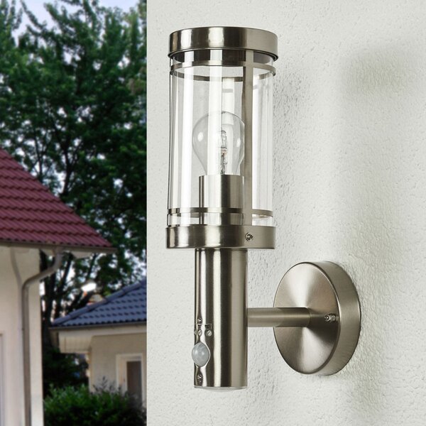 Lindby Zunanja stenska svetilka Djori, senzor, barva aluminija, E27, zatemnjen, Kovinska, Nerjaveče jeklo, Sodobni