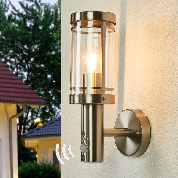 Lindby Zunanja stenska svetilka Djori, senzor, barva aluminija, E27, zatemnjen, Kovinska, Nerjaveče jeklo, Sodobni