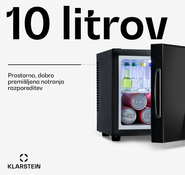 Klarstein Happy Hour, mini hladilnik, energijski razred A, vrata z ogledalnim steklom, 9 litrov, črn