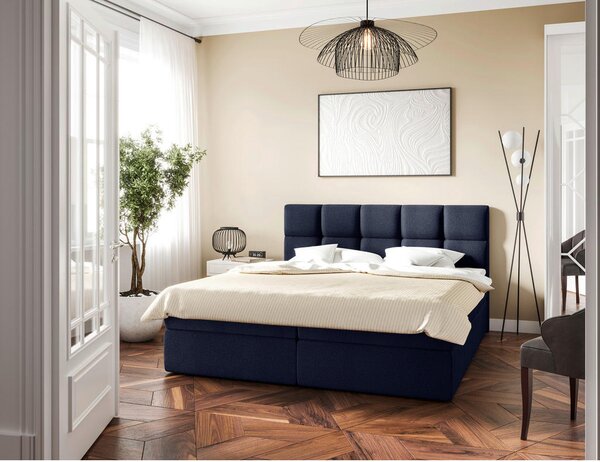 POSTELJA Z VZMETNICO 160 cm x 200 cm , les, tekstil, leseni material temno modra