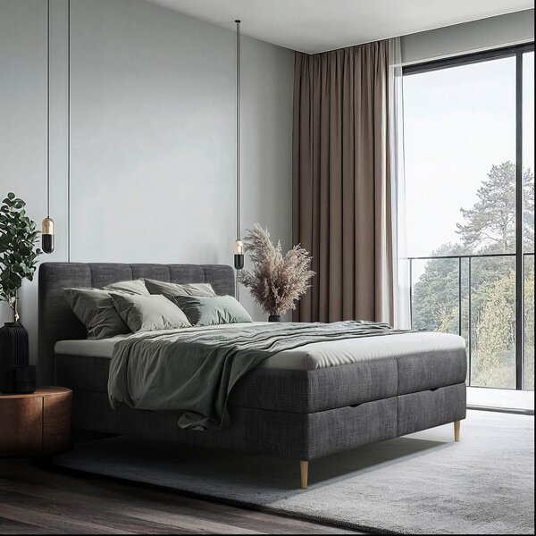 POSTELJA Z VZMETNICO 180 cm x 200 cm , les, tekstil, leseni material antracit