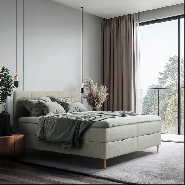 POSTELJA Z VZMETNICO 140 cm x 200 cm , les, tekstil, leseni material bež