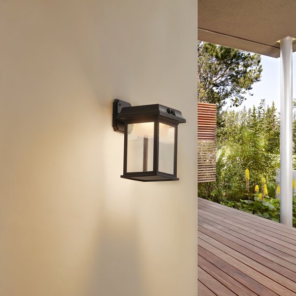 Lindby solarna LED stenska svetilka Latarka, višina 27,5 cm, senzor, Črna, Plastika, Sodobni