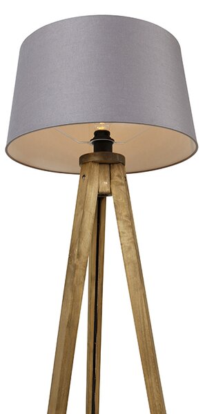 Rustikalna stoječa svetilka s tripodom iz vintage lesa s platnenim odtenkom temno sive barve 45 cm - Tripod Classic