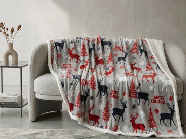 Božična deka z ovčko iz mikropliša MERRY CHRISTMAS DEER siva Dimenzije: 160 x 200 cm