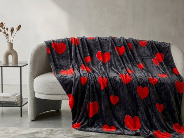 Mikroflis odeja RED HEARTS, črna Dimenzije: 160 x 200 cm