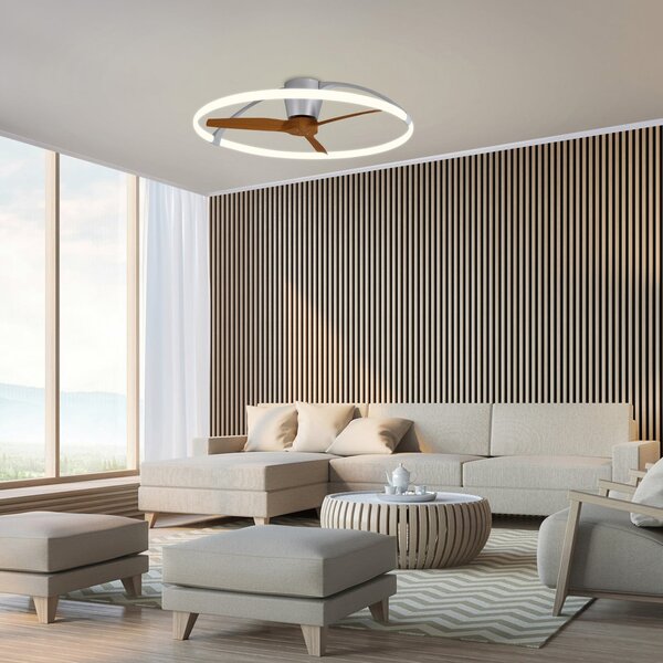 Mantra Iluminación Pametni LED stropni ventilator Nepal, srebrno-oreh, DC, tiho delovanje, zatemnjen, Les, Dnevna soba / jedilnica, Kovina, Sodobni