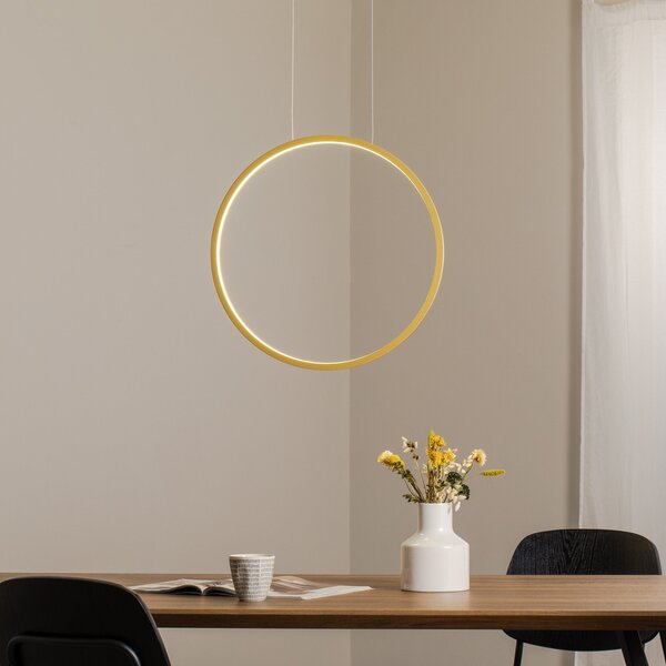Milagro Lighting LED viseča svetilka Saturno, navpična, zlata, Ø 50 cm, kovina, Zlata / medeninasta, Dnevna soba / jedilnica, Aluminij, Sodobni