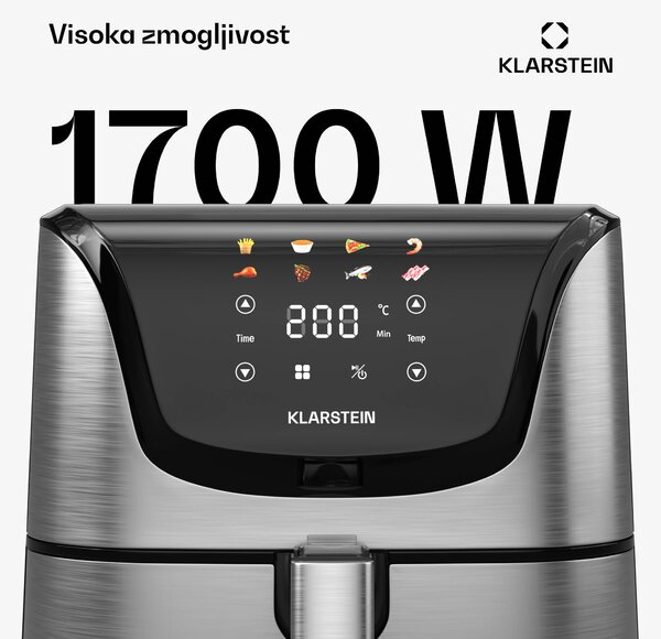 Klarstein AeroVital Deluxe toplozračna friteza, 1700 W, 8 programov, vključno z dodatki, 200°C, Časovnik