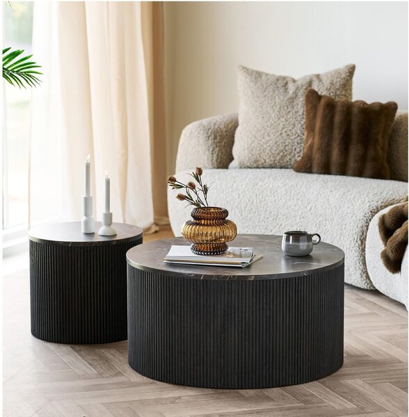 Temno rjava okrogla klubska mizica z mizno ploščo v marmornem dekorju ø 80 cm Rota – House Nordic