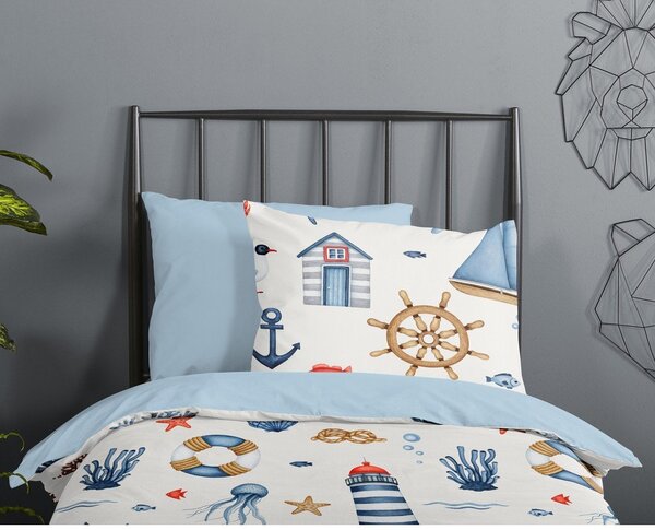 Modra/kremno bela bombažna otroška posteljnina za otroško posteljico 100x135 cm Ahoy – Good Morning