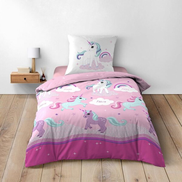 Rožnata enojna bombažna otroška posteljnina 140x200 cm Licorne – douceur d'intérieur