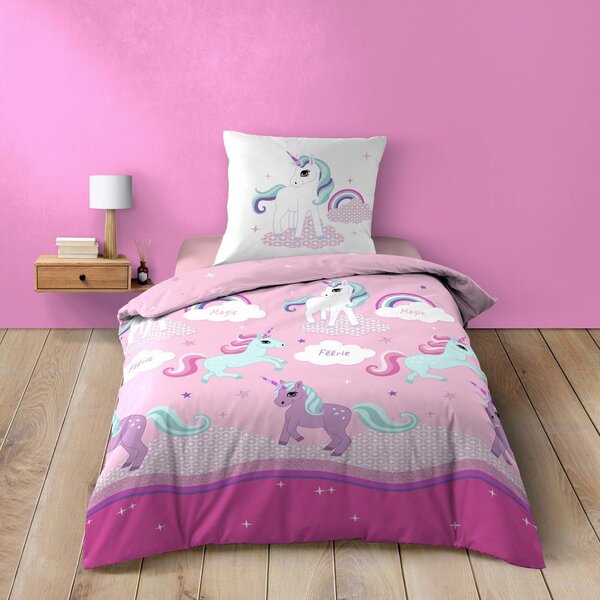 Rožnata enojna bombažna otroška posteljnina 140x200 cm Licorne – douceur d'intérieur