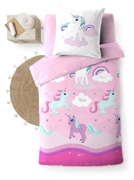 Rožnata enojna bombažna otroška posteljnina 140x200 cm Licorne – douceur d'intérieur
