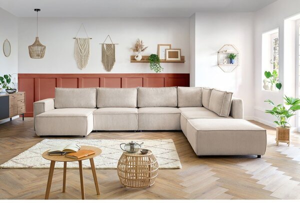Kremno bela kotna sedežna garnitura iz rebrastega žameta (desni kot/v obliki črke "U") Nihad modular – Bobochic Paris