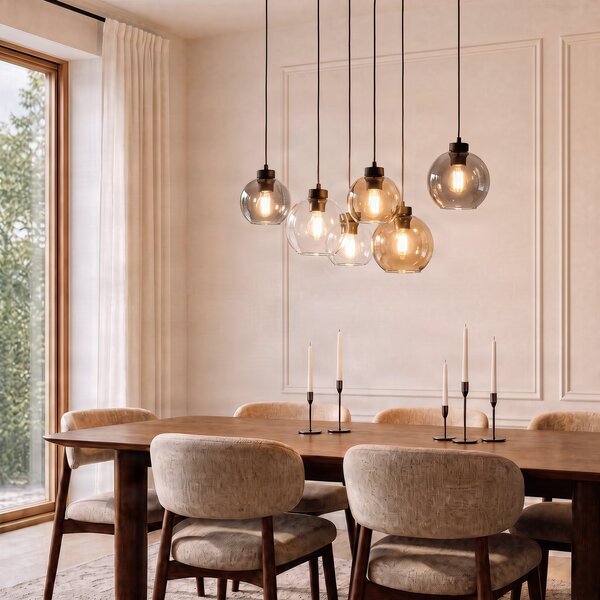 TK Lighting Obesna svetilka Cubus, 74 cm, 6-svetlobna, prozorna/medena/rjava, steklo, zatemnjen, Večbarvna, Dnevna soba / jedilnica, Steklo, Sodobni