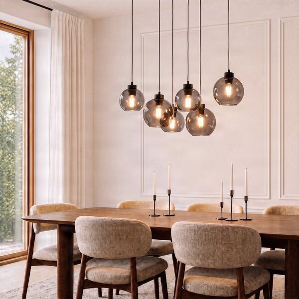 TK Lighting Obesek Cubus, dimno siva, steklo, dolžina 74 cm, 6 luči, zatemnjen, Siva, Dnevna soba / jedilnica, Steklo, Sodobni