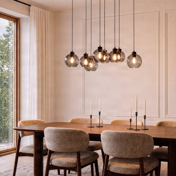 TK Lighting Visoka svetilka Cubus, dolžina 95 cm, 8-svetlobna, dimno siva, steklo, zatemnjen, Siva, Dnevna soba / jedilnica, Steklo, Sodobni
