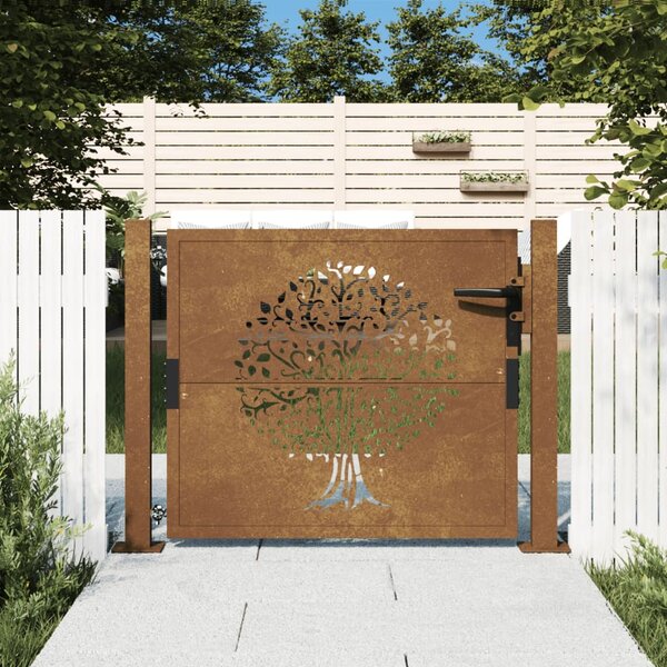 VidaXL Vrtna vrata 105x80 cm Corten jeklo dizajn drevesa