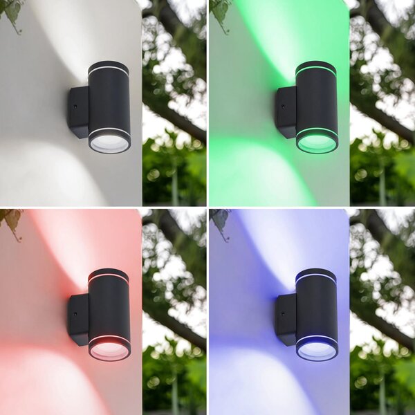 Lindby Smart LED zunanja stenska svetilka Valtin CCT RGB Tuya IP54, zatemnjen, Črna, Nerjaveče jeklo, Sodobni, Stenski reflektor