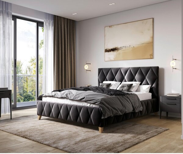 OBLAZINJENA POSTELJA 140 cm x 200 cm , les, kovina, tekstil, leseni material antracit