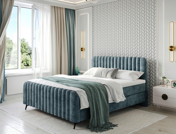 POSTELJA Z VZMETNICO 140 cm x 200 cm , les, tekstil, leseni material barve petroleja