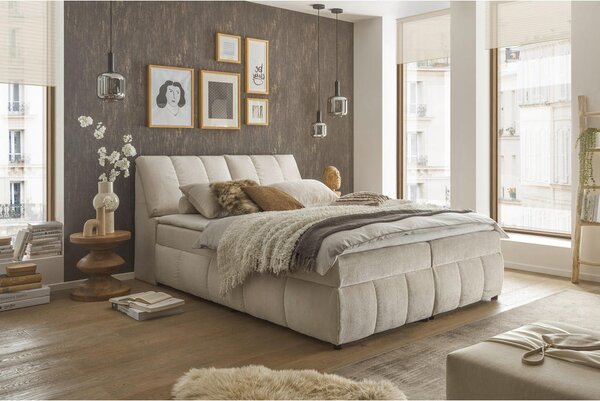 POSTELJA Z VZMETNICO 160 cm x 200 cm , tekstil, leseni material bež