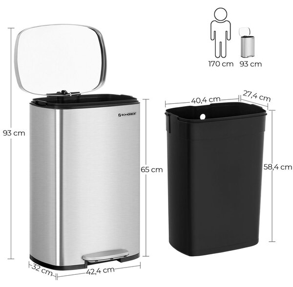 Koš za smeti TIDY s tihim zapiranjem, 50 l, srebrna SongmicsHome