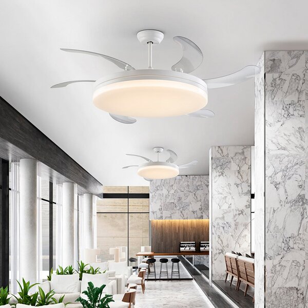 Schuller Valencia LED stropni ventilator Vento bel/prozoren, DC Ø 150 cm tih, zatemnjen, Prozorna, Dnevna soba / jedilnica, Plastika, Sodobni