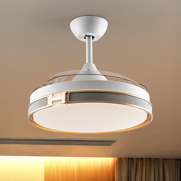 Schuller Valencia LED stropni ventilator Herón bel/zlato/siv/prozoren Ø106 cm tih, zatemnjen, Prozorna, Dnevna soba / jedilnica, Plastika, Sodobni