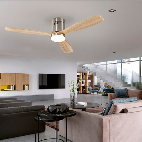 Schuller Valencia LED stropni ventilator Siroco, nikl/svetlo les Ø 132 cm tiho, zatemnjen, Les, Dnevna soba / jedilnica, Les, Sodobni