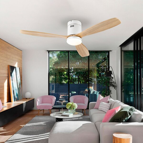 Schuller Valencia LED stropni ventilator Siroco, bel/svetlo les Ø 132 cm, tih, zatemnjen, Les, Dnevna soba / jedilnica, Les, Sodobni