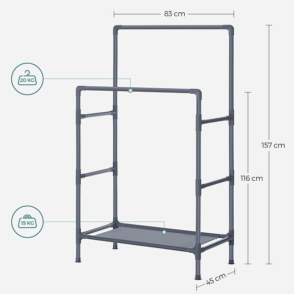 Kovinsko stojalo za oblačila z 2 obešaloma za oblačila, sivo | SONGMICS