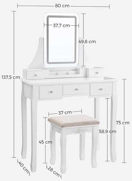 Toaletna mizica z LED osvetlitvijo, 80 x 137,5 x 40 cm, bela | VASAGLE