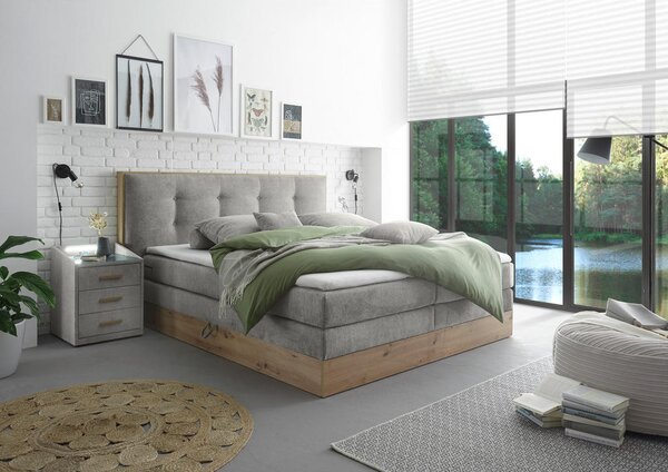 POSTELJA BOXSPRING 180 cm x 200 cm , les, tekstil, leseni material svetlo siva