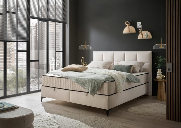 POSTELJA Z VZMETNICO 180 cm x 200 cm , tekstil, leseni material krem barve